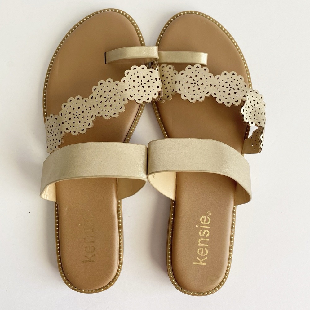 Kensie Madison Slide Sandals Gold Laser Cut Outs Studded Women's Size 7.5 NEW